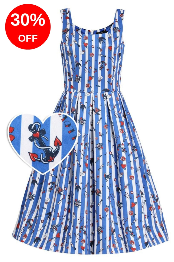 Amanda Swing Dress: Old School Tattoo Blue Striped