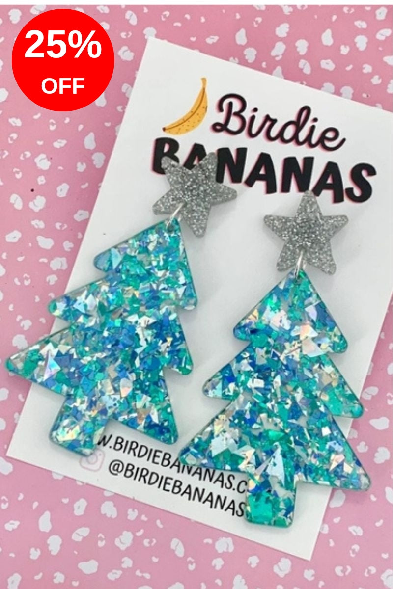 Christmas Tree Earrings in Sparkly Blue