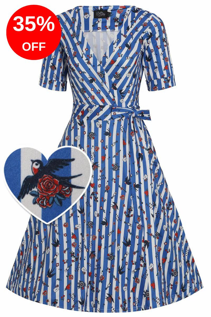 Matilda Knit Wrap Dress:  Old School Tattoo Blue Striped