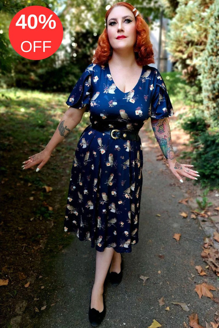 Janice Summer Dress: Navy Blue Owl Print