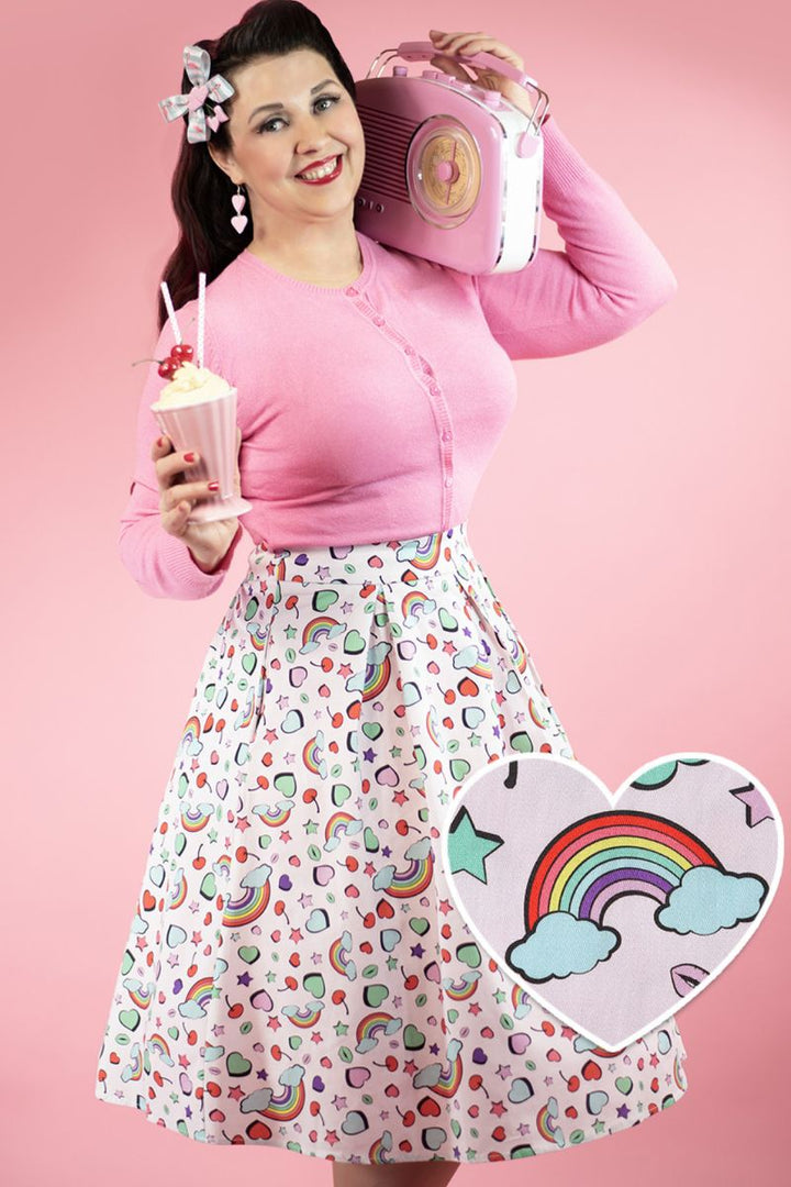 Carolyn Cotton Box Pleat Skirt: Rainbow & Hearts