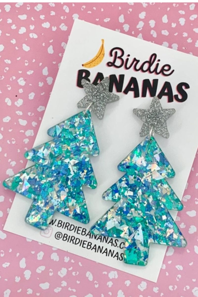 Christmas Tree Earrings in Sparkly Blue