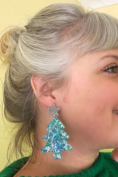 Christmas Tree Earrings in Sparkly Blue