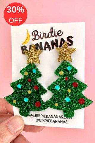 Green Glitter Christmas Tree Earrings