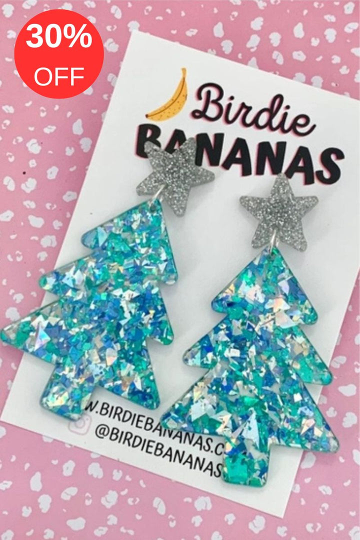 Christmas Tree Earrings in Sparkly Blue