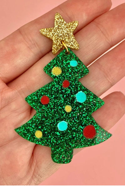 Green Glitter Christmas Tree Earrings