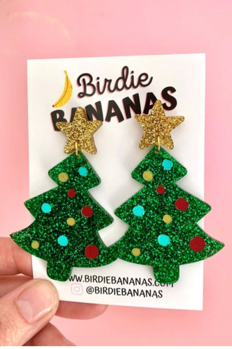 Green Glitter Christmas Tree Earrings