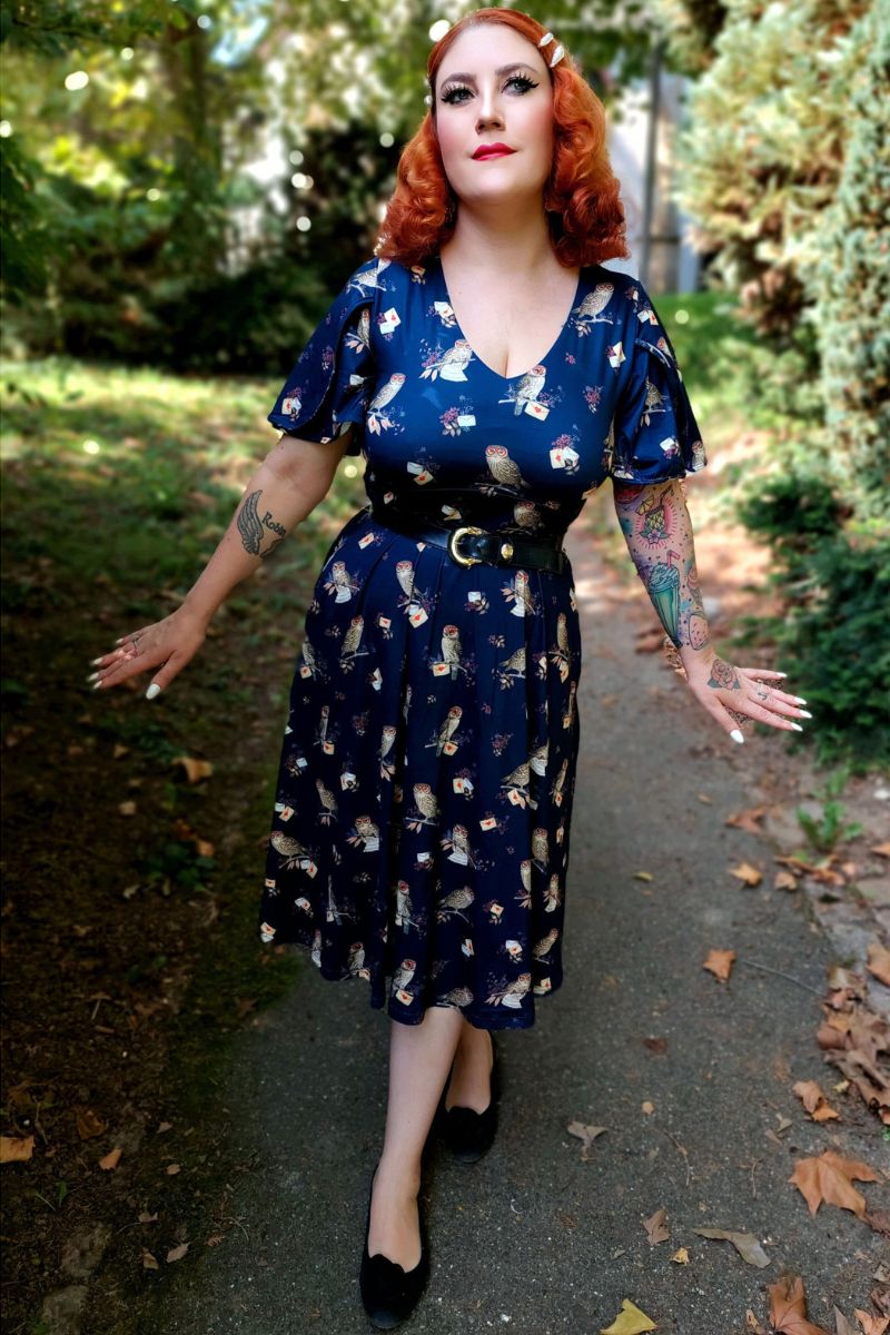 Janice Summer Dress: Navy Blue Owl Print