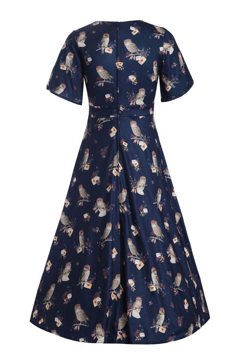 Janice Summer Dress: Navy Blue Owl Print