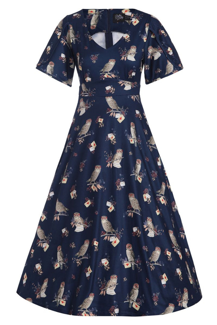 Janice Summer Dress: Navy Blue Owl Print