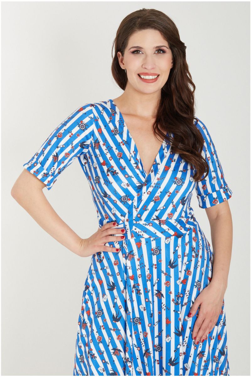 Matilda Knit Wrap Dress:  Old School Tattoo Blue Striped