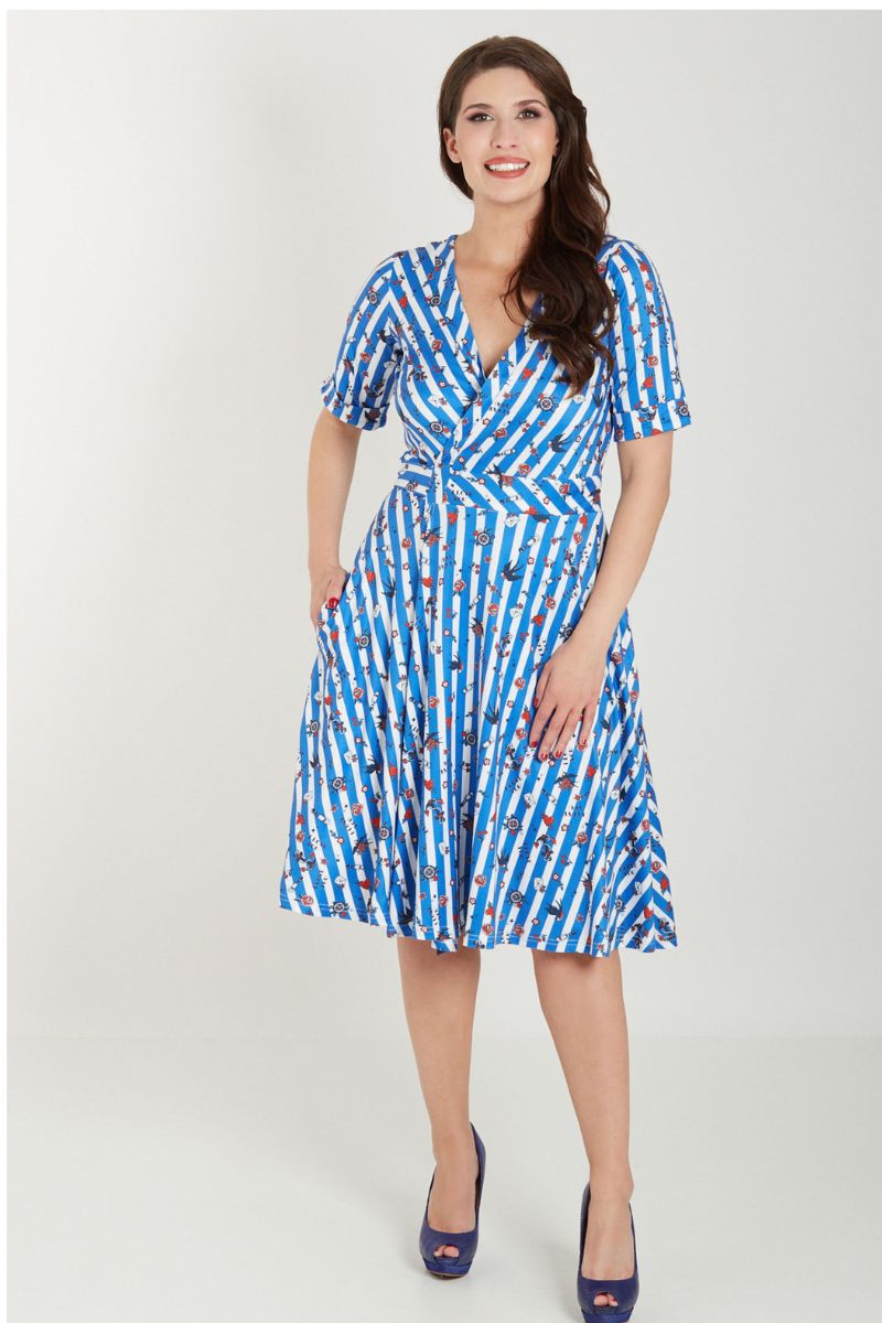 Matilda Knit Wrap Dress:  Old School Tattoo Blue Striped