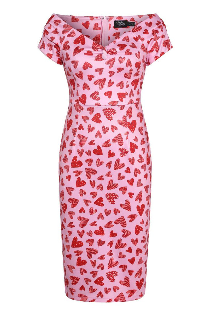 Lily Fitted Off-the-Shoulder Vintage Dress: Pink Heart