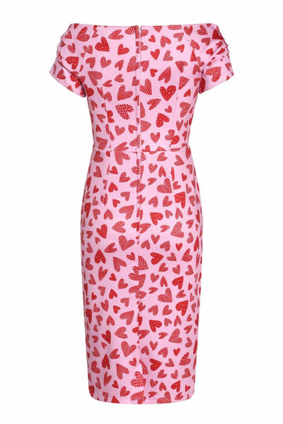 Lily Fitted Off-the-Shoulder Vintage Dress: Pink Heart