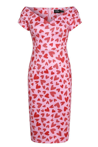 Lily Fitted Off-the-Shoulder Vintage Dress: Pink Heart