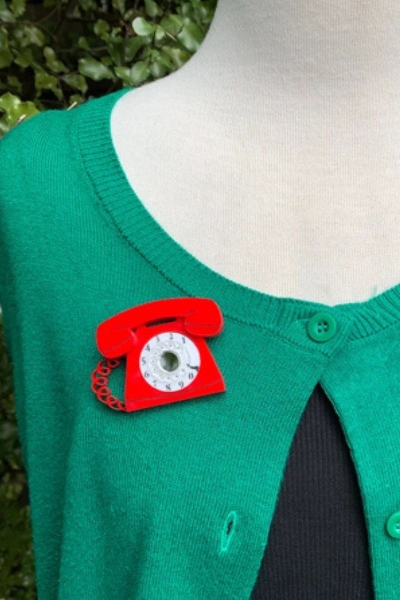 Retro Telephone Brooch: Red