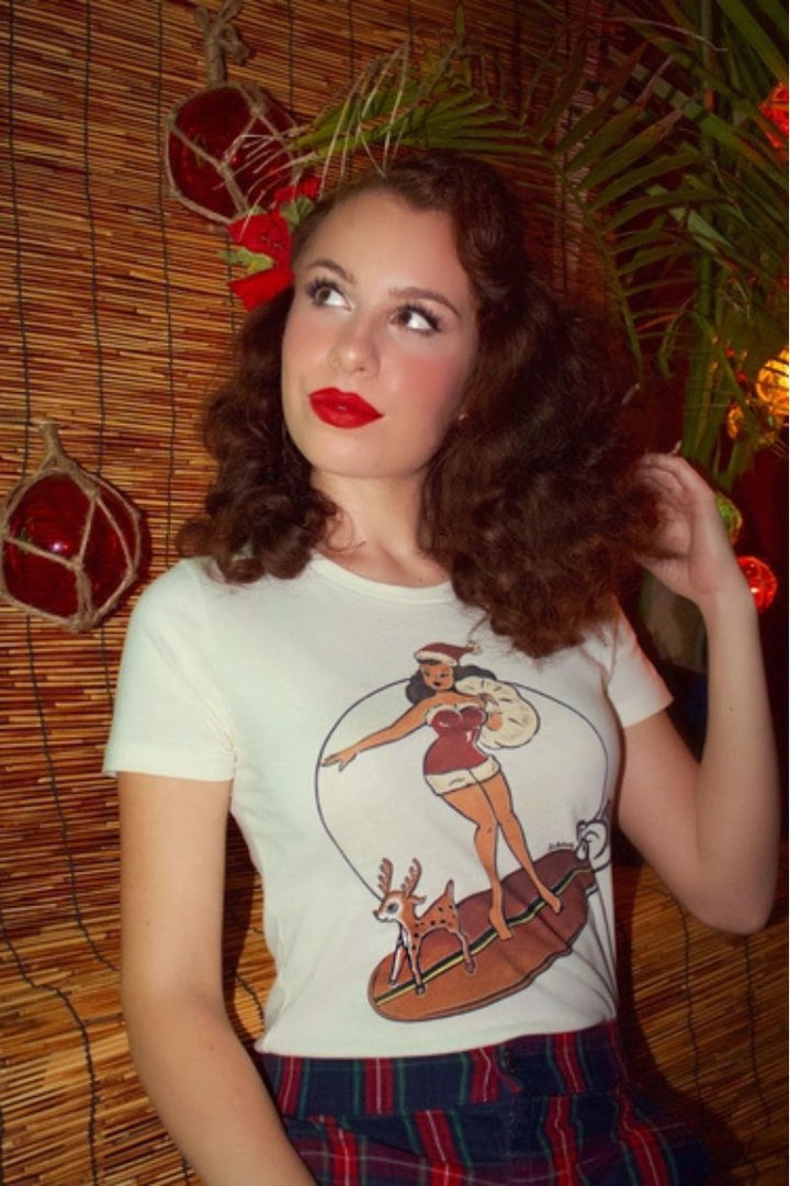 Santa's Surf Girl Fitted Tee in Ivory