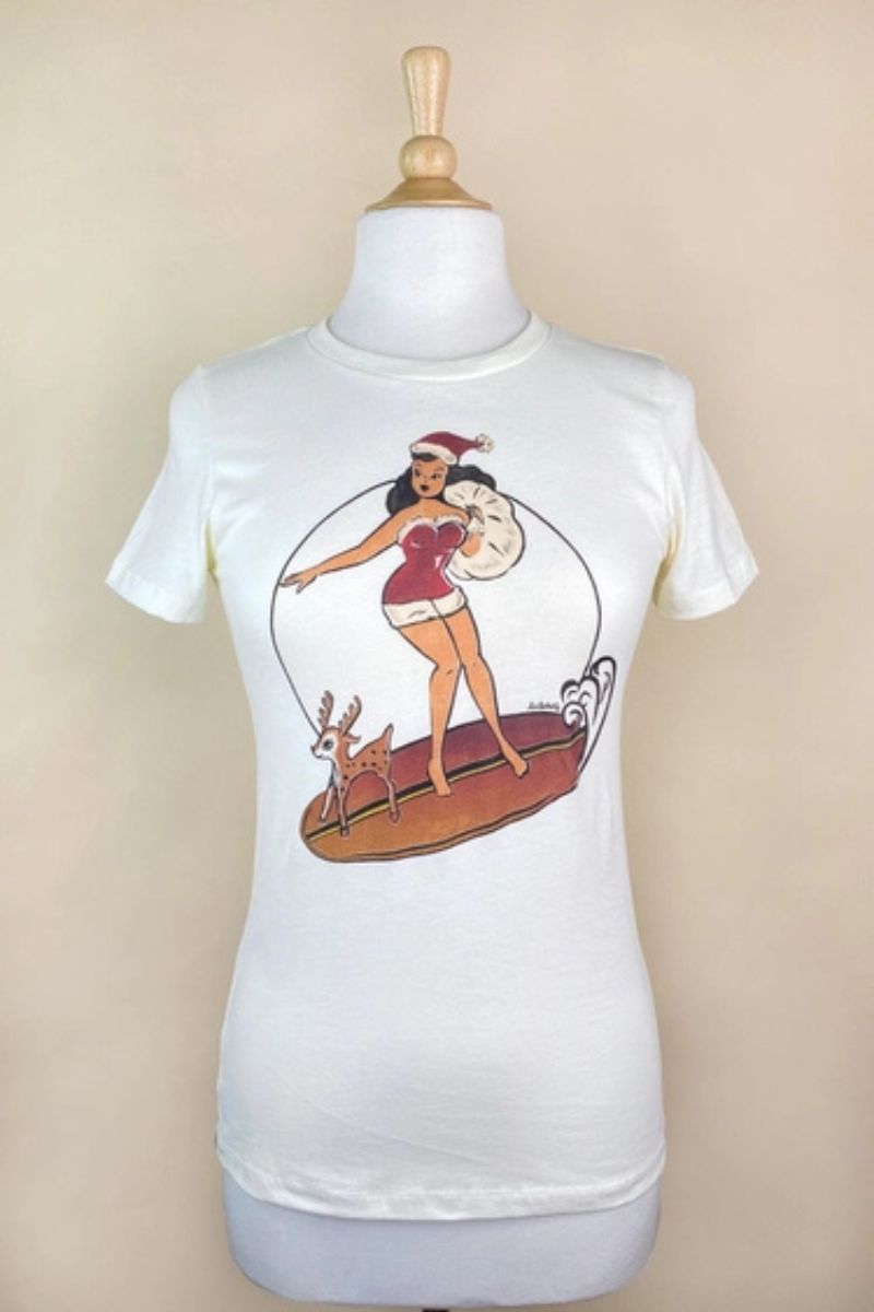 Santa's Surf Girl Fitted Tee in Ivory