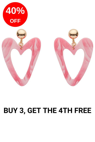 Statement Marble Resin Heart Drop Earrings - Pink