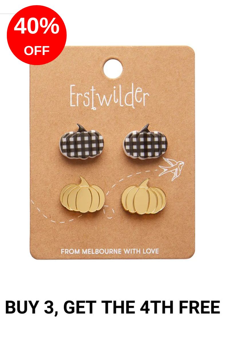 Pumpkin Patch Stud Earrings Set - Gold & Black Gingham