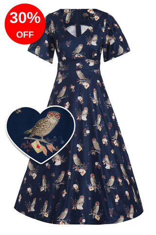 Janice Summer Dress: Navy Blue Owl Print